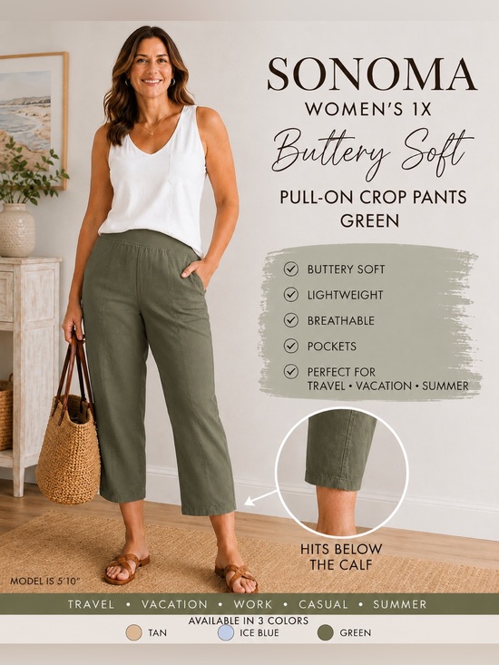 Sonoma Pants - Sonoma Womens 1X Buttery Soft Linen Blend Crop Pants Green Pockets Travel